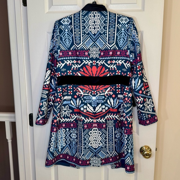 Bohemian Velvet Trim Long Blazer Tribal Print Native Indie Colorful Floryday Med - Picture 5 of 9